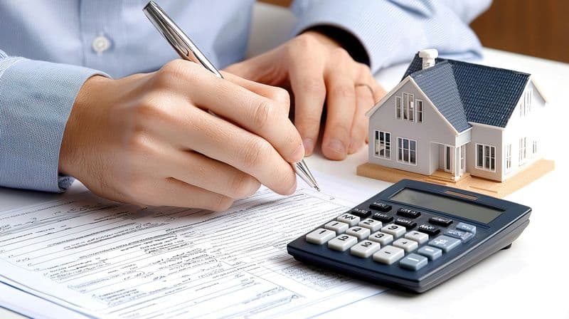 Hand reviewing a property tax document with a calculator and model house, representing evidence used in a Texas property tax protest