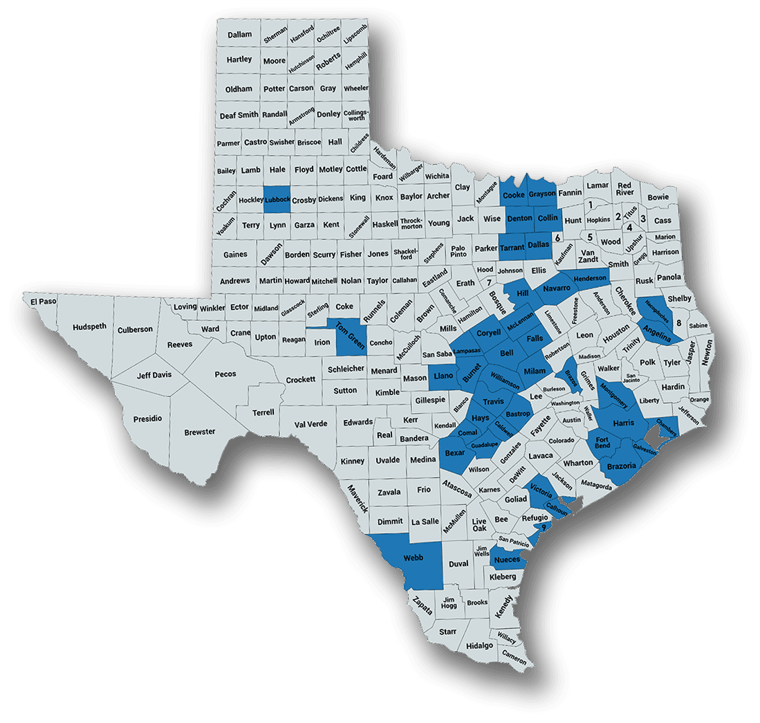 Map of Texas counties served by The Woodlands Property Tax Group