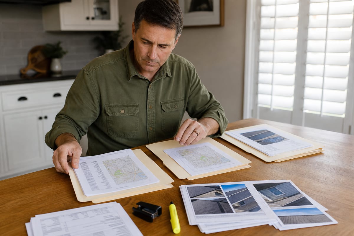 Texas homeowner assembling printed comparable sales, property photos, and repair estimates for an appraisal review board hearing