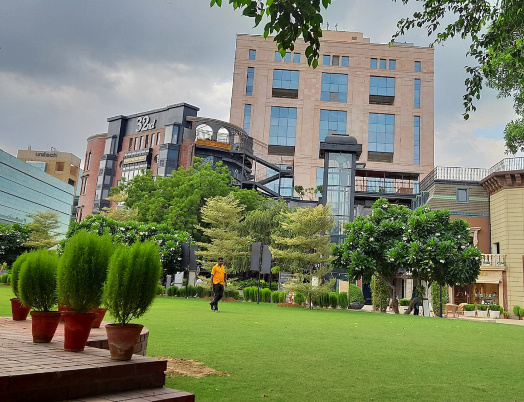 Modern buildings with green landscaping